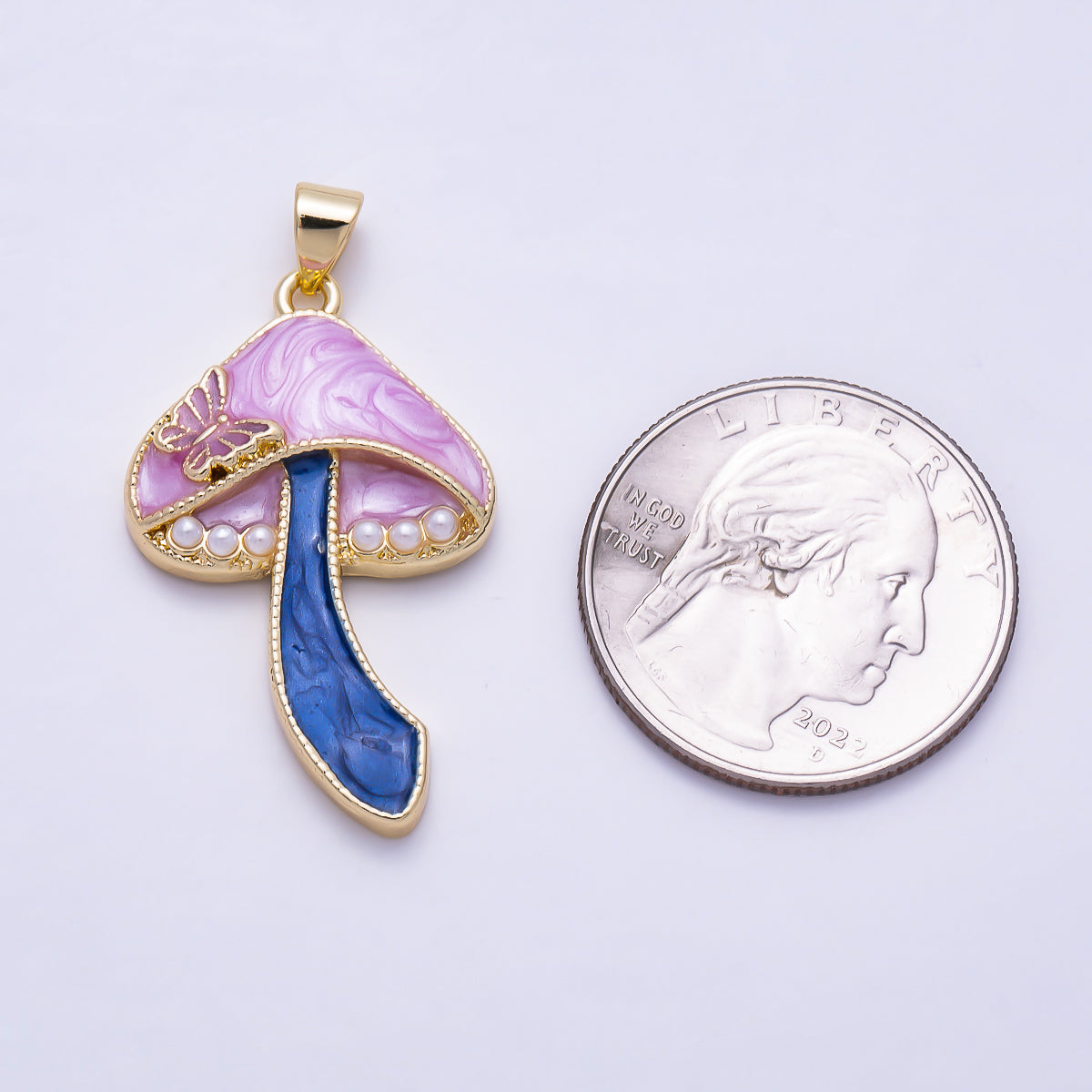 16K Gold Filled 33mm Blue and Pink Enamel Butterfly Mushroom Pendant | Charms-01930