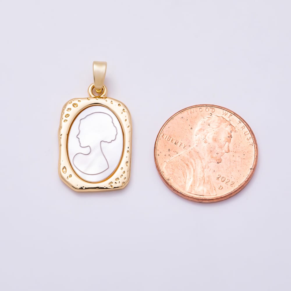 16K Gold Filled 21mm Woman Cameo Shell Pearl Molten Bezel Rectangle Tag Pendant in Gold & Silver | Charms-02327 Charms-02328