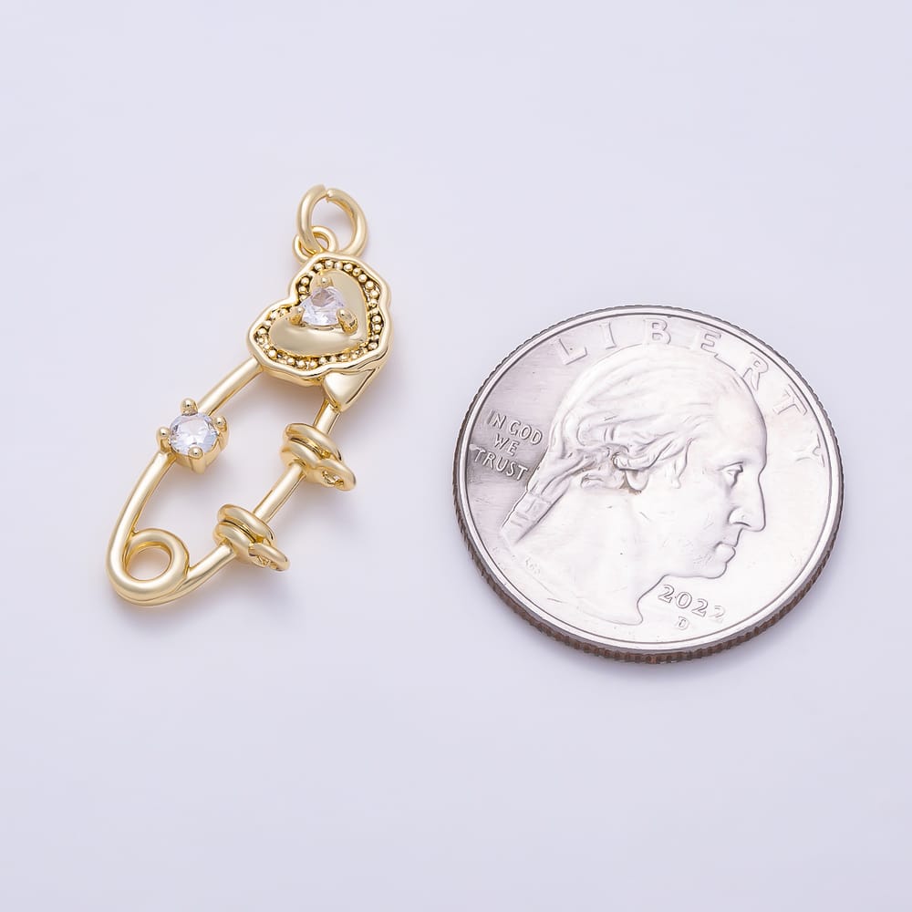 16K Gold Filled 28mm Double Clear CZ Molten Heart Safety Pin Charm | Charms-02151