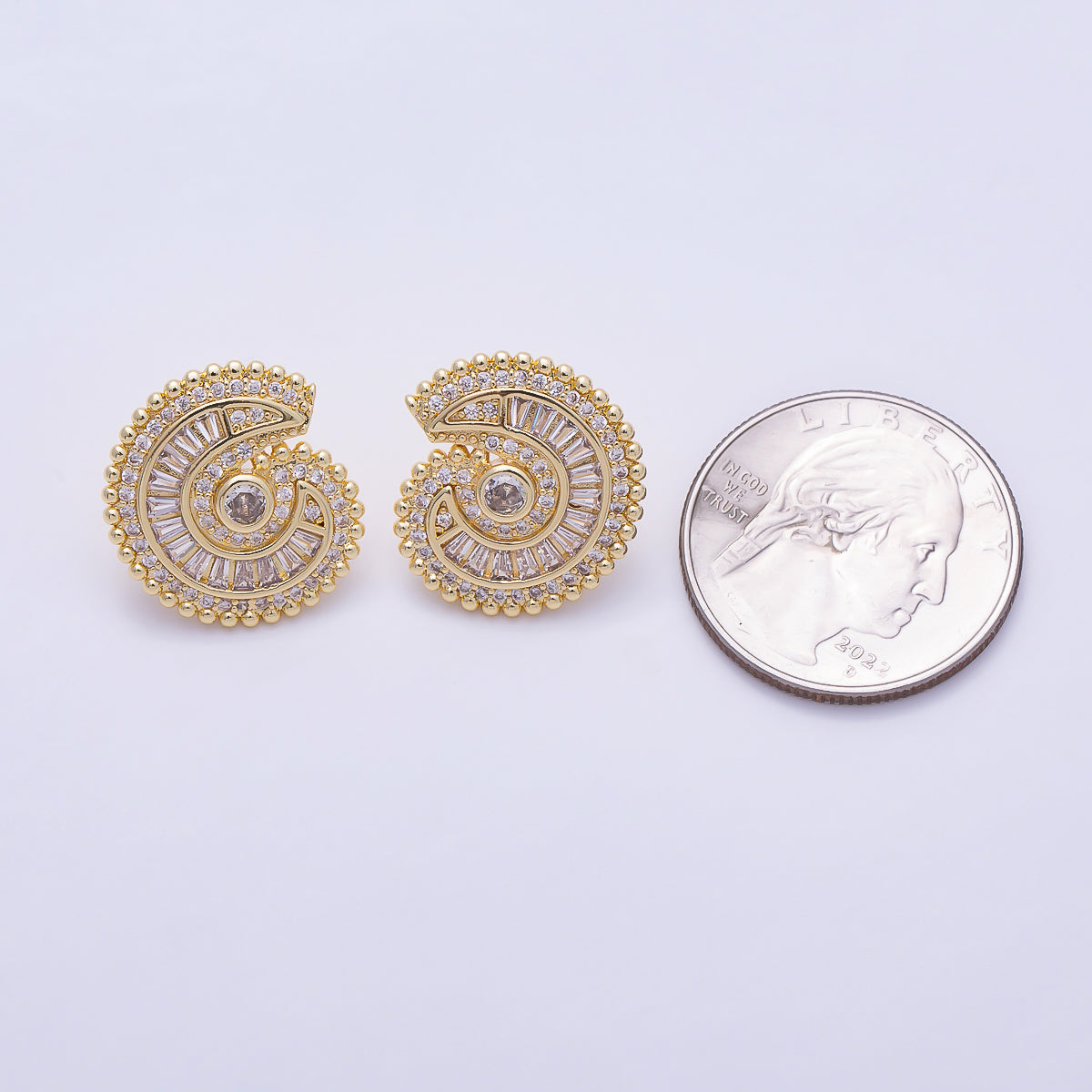 16K Gold Filled 19mm Baguette Micro Paved CZ Nautical Ocean Spiral Statement Stud Earrings in Gold & Silver | Earrings-00860 - Earrings-00861
