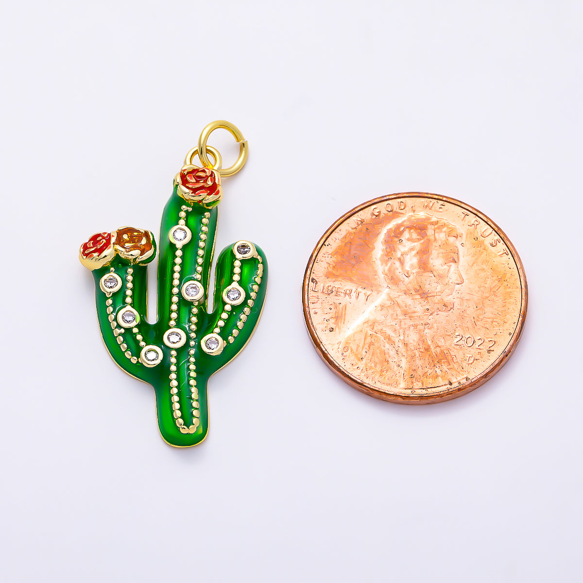 16K Gold Filled 27mm Clear CZ Plant Cactus Enamel Charm | Charms-01510