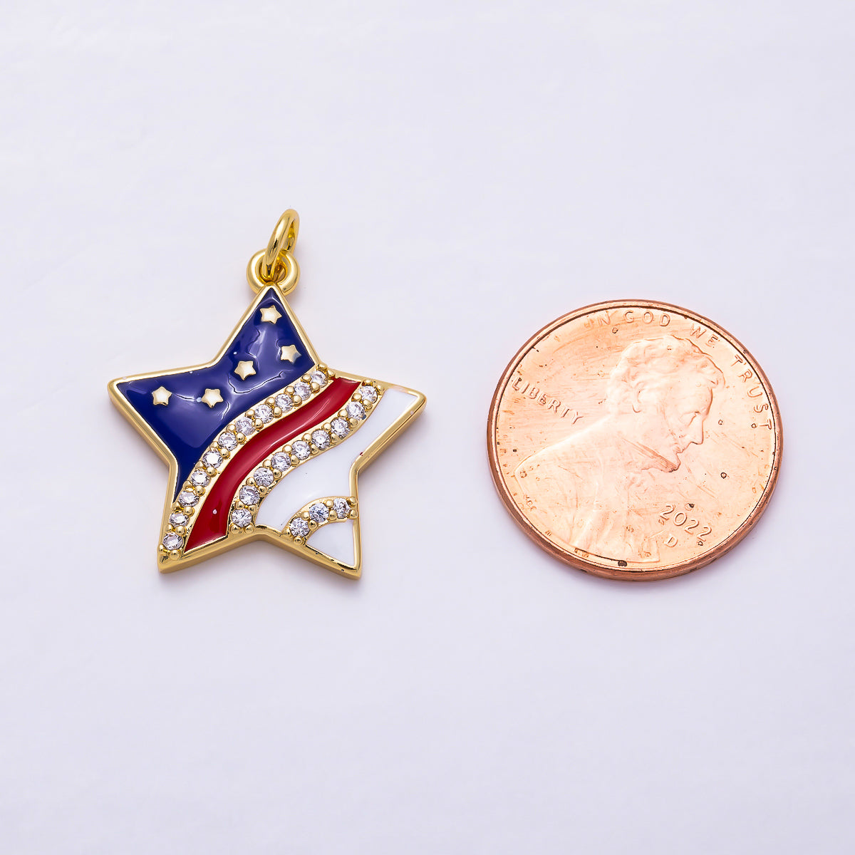 16K Gold Filled 22mm Micro Paved CZ Enamel American Flag Celestial Star Charm | Charms-02030