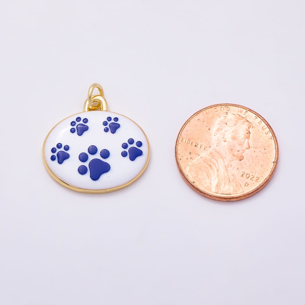 16K Gold Filled 19mm White Blue Enamel Animal Paw Print Bezel Oval Charm | Charms-02372