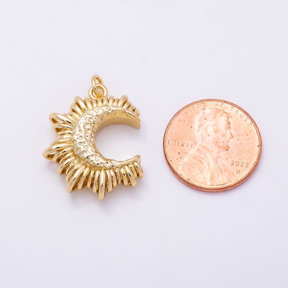 16K Gold Filled 22mm Celestial Crescent Moon Geometric Sunburst Loop Hammered Charm | Charms-02302