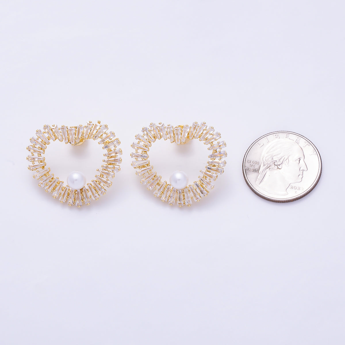 16K Gold Filled 26mm Shell Pearl Baguette CZ Open Heart Stud Earrings in Gold & Silver | Earrings-00845 - Earrings-00846
