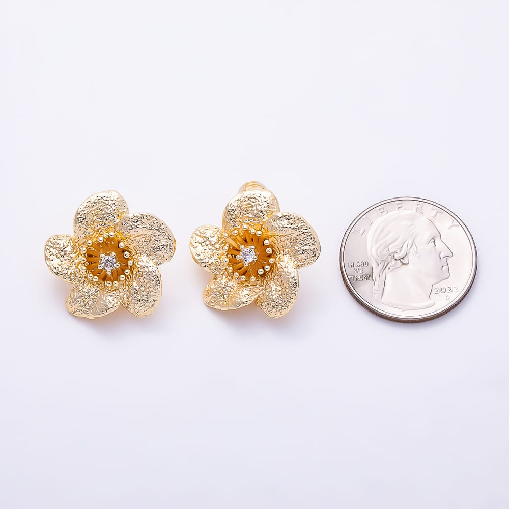 16K Gold Filled 23mm Clear CZ Textured 5-Petal Flower Blossom Stud Earring Findings | Findings-00586