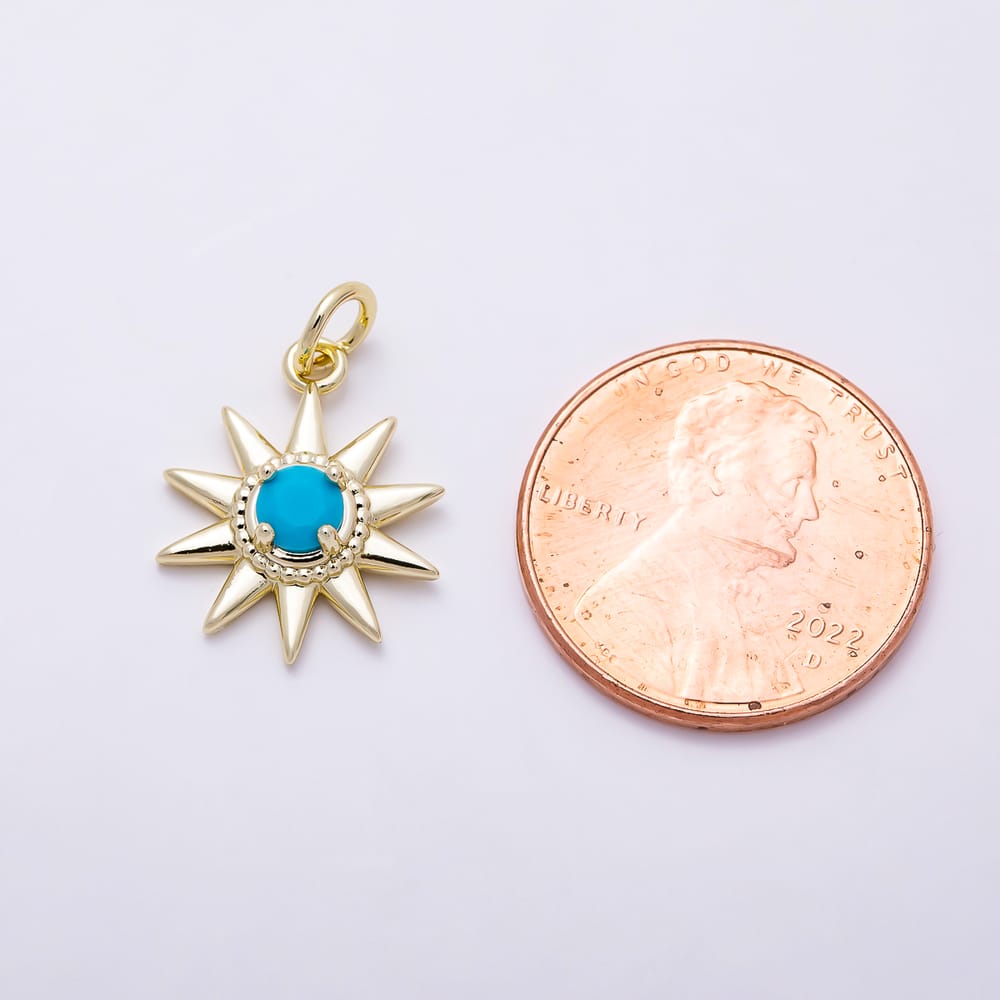 16K Gold Filled 16mm Turquoise CZ Celestial 10-Point Sunburst Charm | Charms-02167