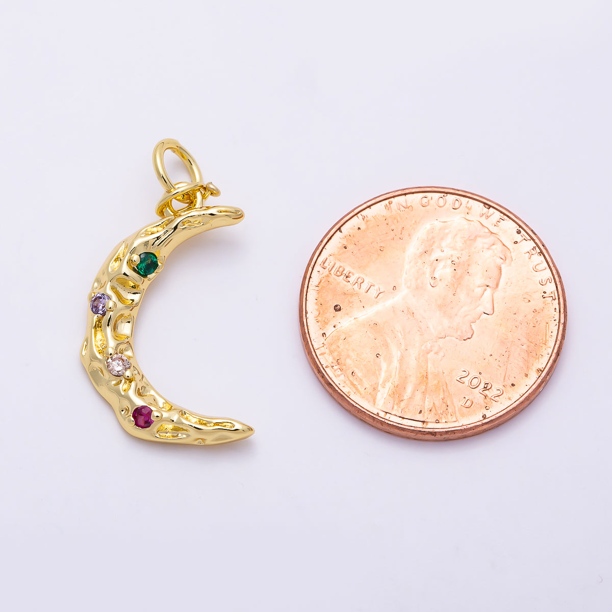 16K Gold Filled 19mm Multicolor CZ Dotted Hammered Celestial Crescent Moon Charm | Charms-01487