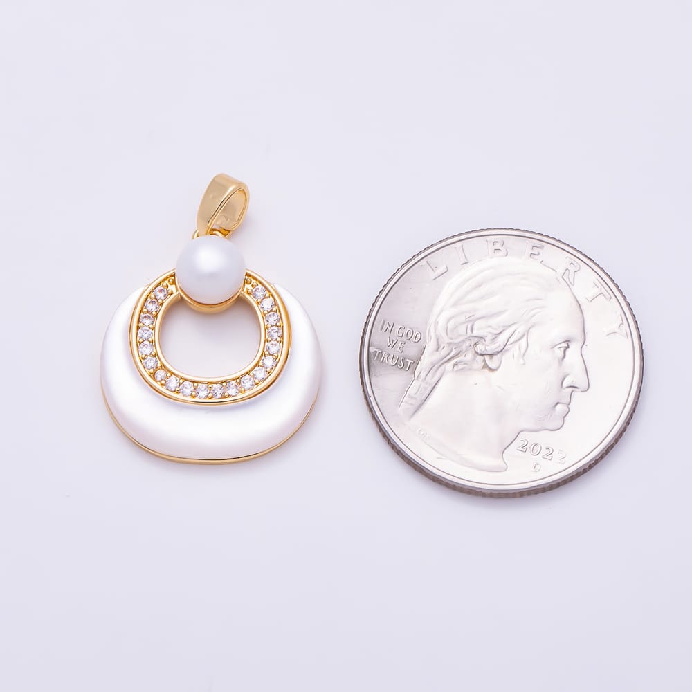16K Gold Filled 21mm Micro Paved CZ Shell Pearl Open Circle Round Pendant in Gold & Silver | Charms-02369 Charms-02370