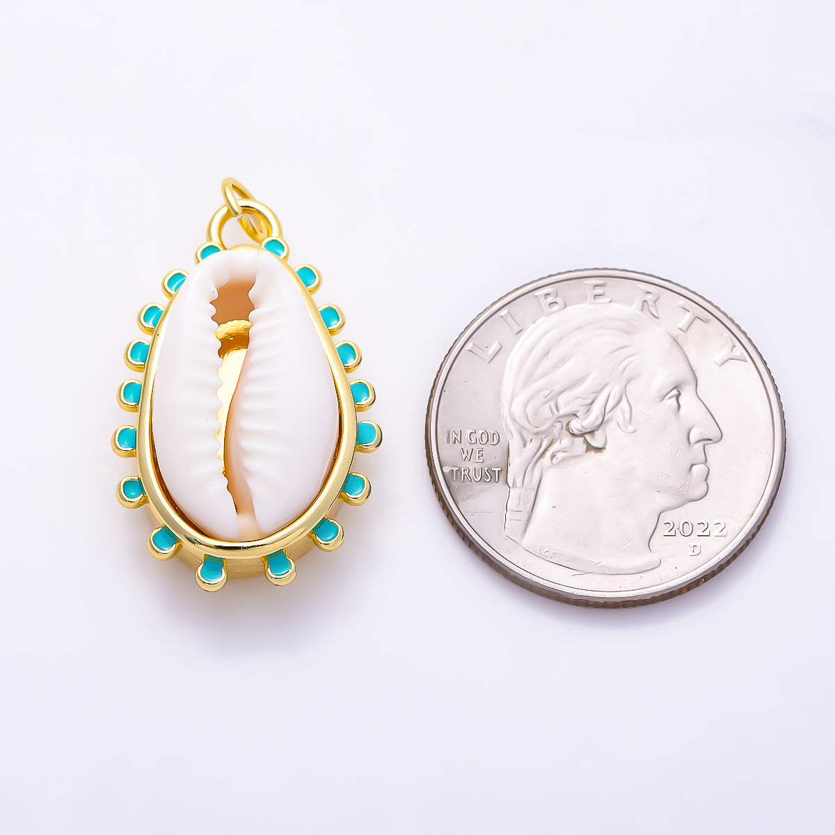 16K Gold Filled 28mm Turquoise Enamel Natural Cowrie Shell Scalloped Ocean Pendant | Charms-01658
