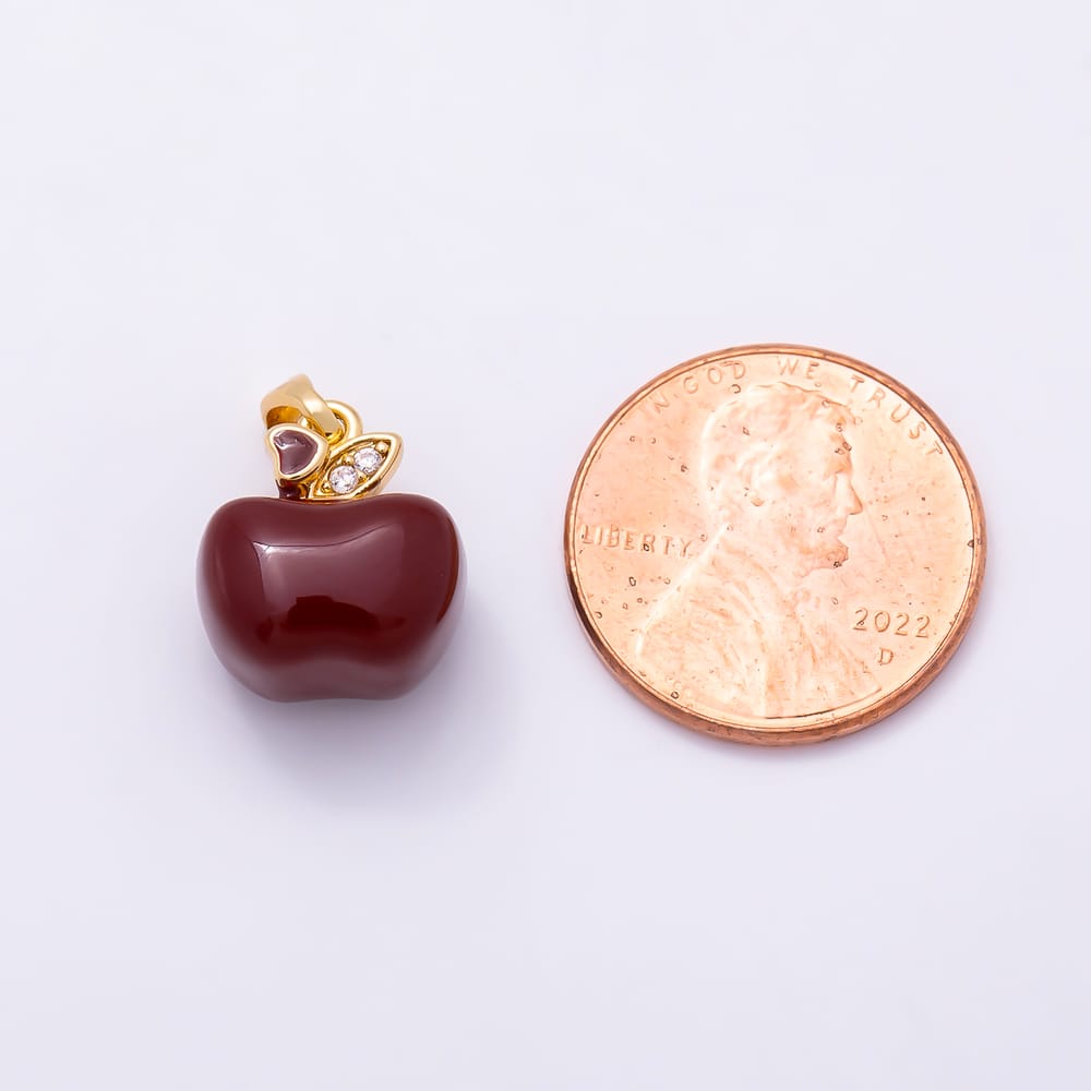 16K Gold Filled 13mm Clear Micro Paved CZ Red Enamel Apple Fruit Pendant | Charms-02323