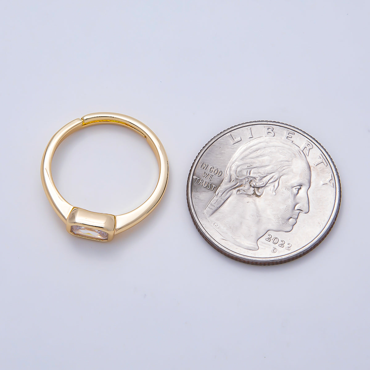 16K Gold Filled Clear Baguette CZ Bezel Solitaire Adjustable Ring in Gold & Silver | Rings-00145 Rings-00146