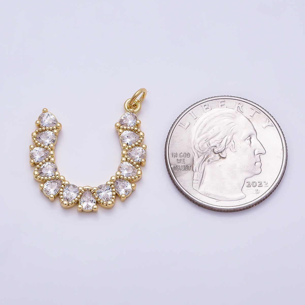 16K Gold Filled 24mm Clear CZ Teardrop Horseshoe Charm | Charms-01350