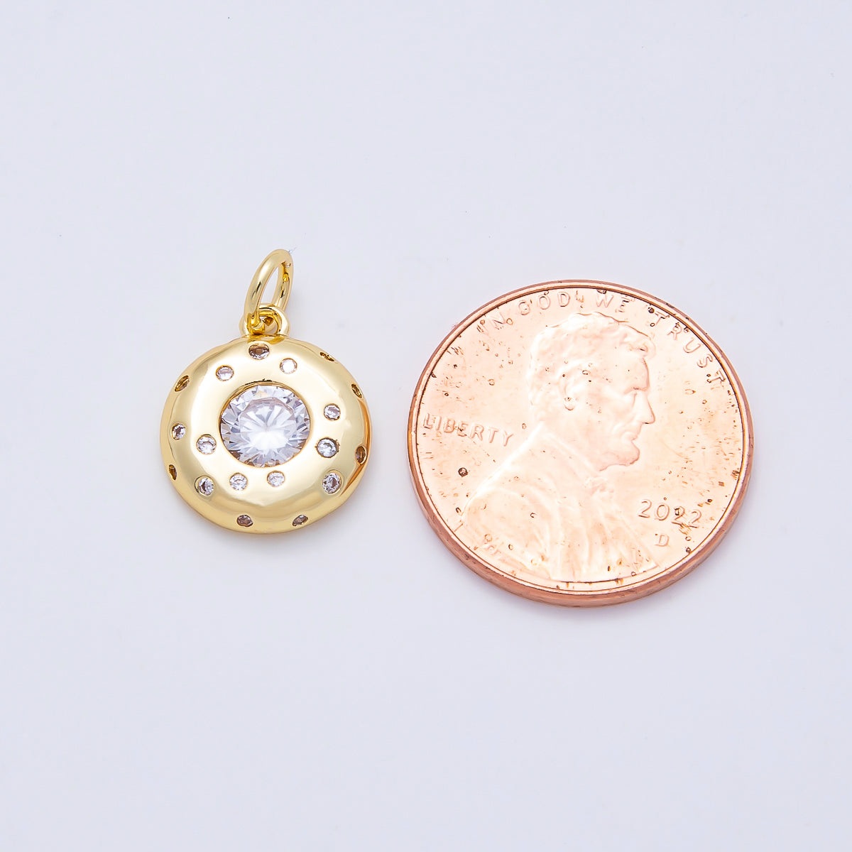 16K Gold Filled 13mm Clear CZ Round Dotted Bezel Charm | Charms-00979