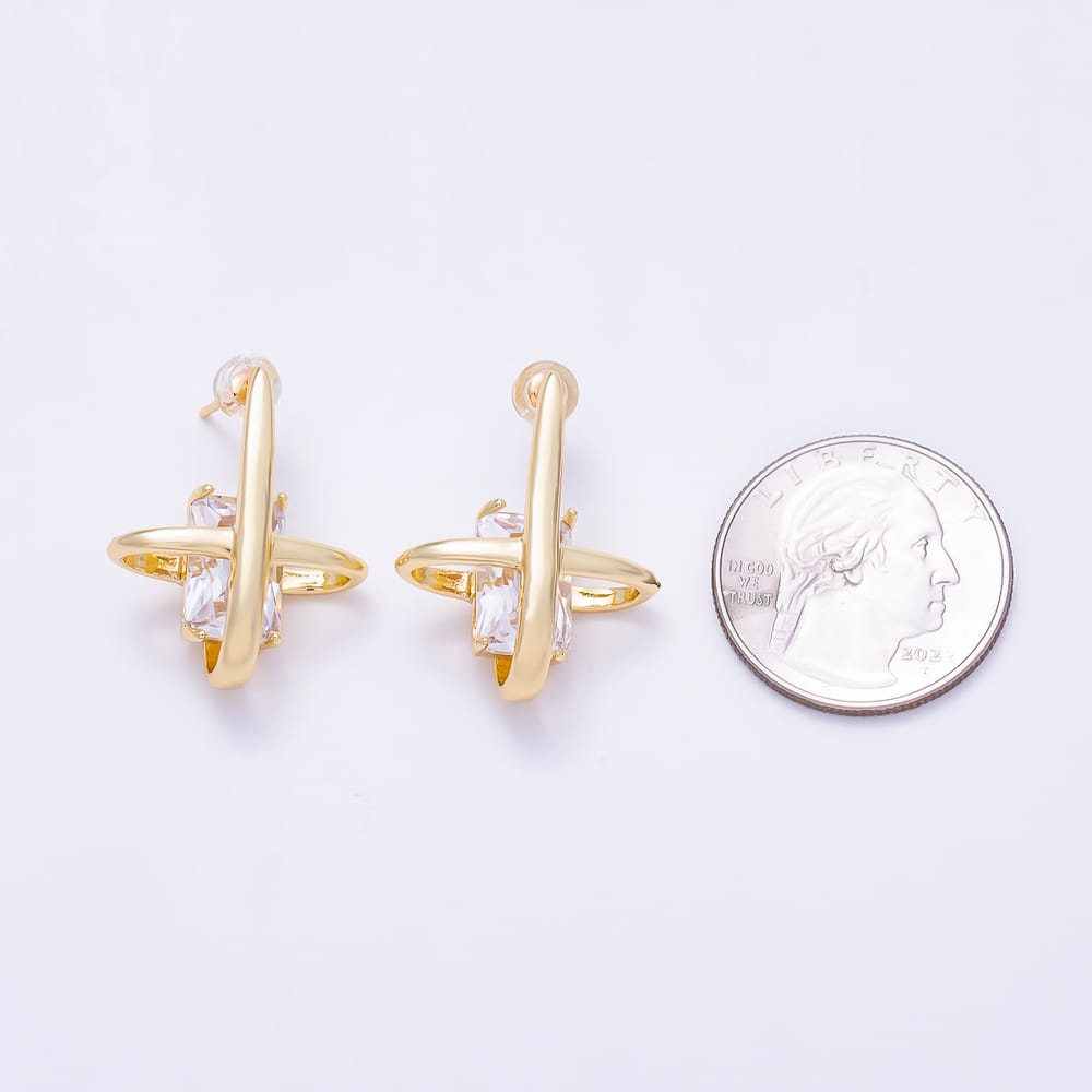 16K Gold Filled 26mm Clear Baguette CZ North Star Stud Earrings | Earrings-00918 -Earrings-00919