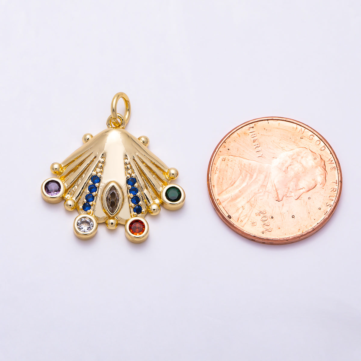 16K Gold Filled 20mm Multi Color CZ Scallop Shell Ocean Beach Pendant | Charms-01987