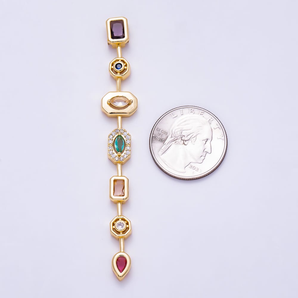 16K Gold Filled 84.5mm Multicolor CZ Micro Paved CZ Multi Cut Geometric Gemstone Bar Bead | Beads-00628