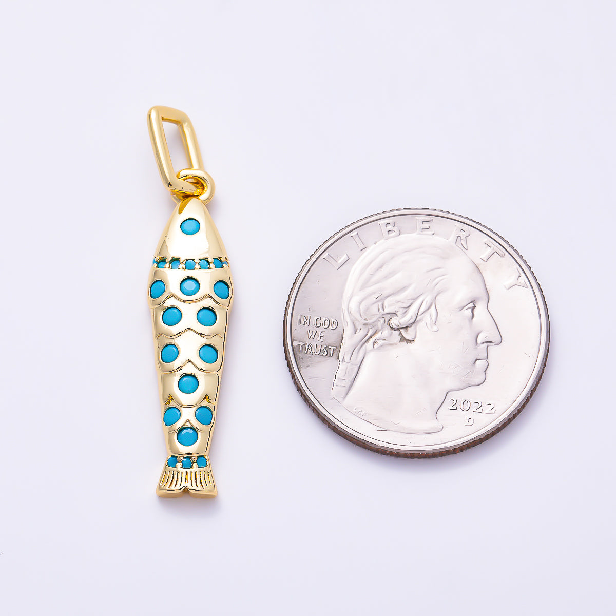 16K Gold Filled 32mm Clear and Turquoise CZ Ocean Fish Pendant | Charms-02074 - Charms-02075