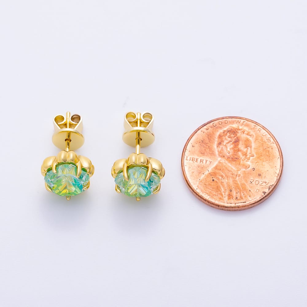 16K Gold Filled 17mm Blue, Purple, Green, Orange CZ Prong Bezel Flower Stud Earrings | Earrings-01239 ~ Earrings-01242
