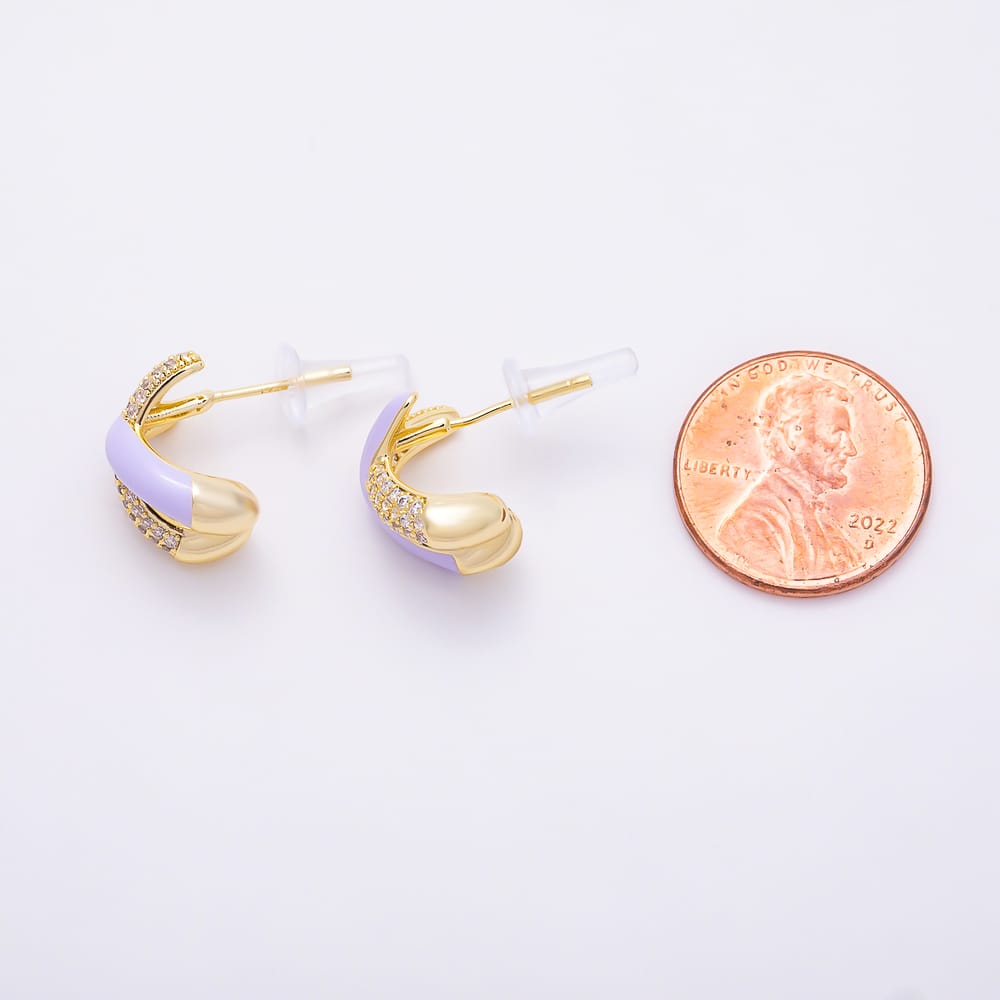 16K Gold Filled 19mm Micro Paved CZ Colorful Criss-Cross Pastel Enamel Stud Earrings | Earrings-00999 - Earrings-01004