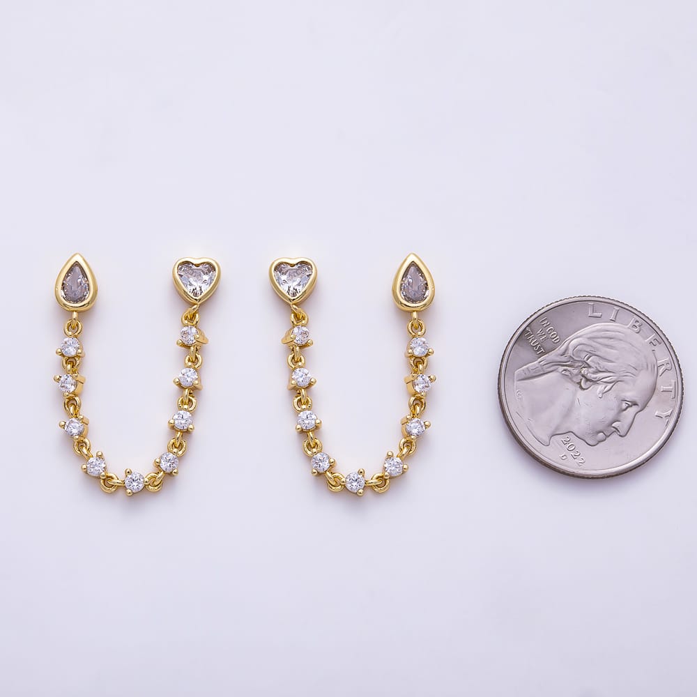 16K Gold Filled 66mm Pear & Heart CZ Double Piercing Tennis Chain Link Stud Earrings | Earrings-00914