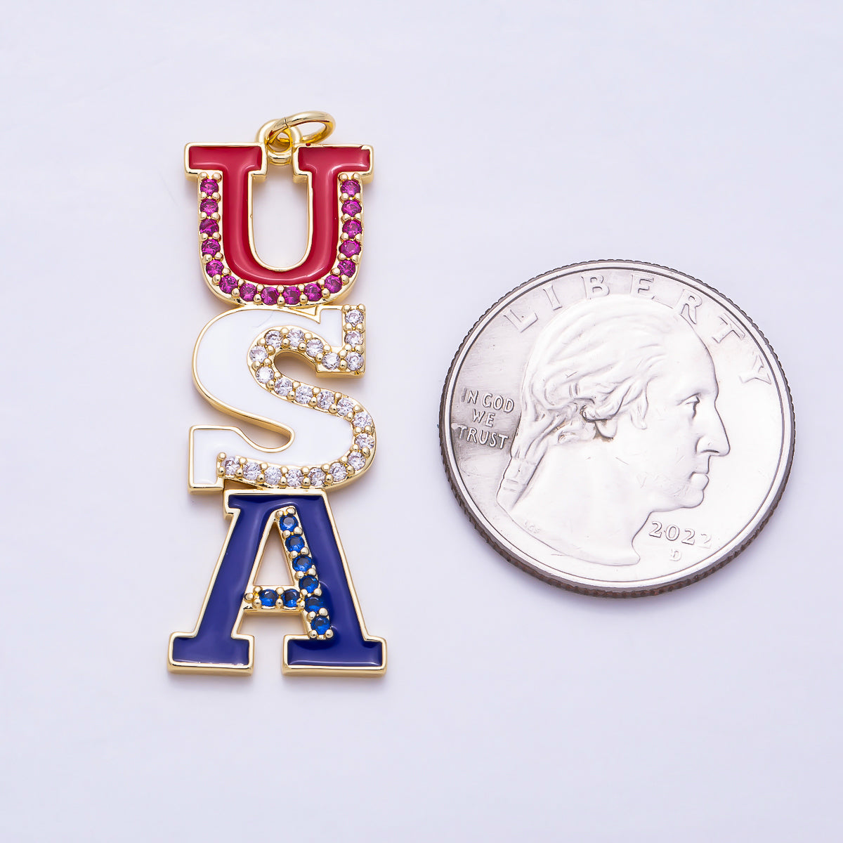 16K Gold Filled 40mm "USA" Multicolor Micro Paved CZ Enamel Script Charm | Charms-02031