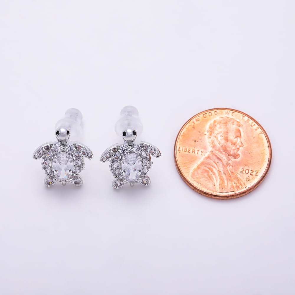 16K Gold Filled 14mm Oval Micro Paved CZ Turtle Stud Earrings in Gold & Silver | Earrings-01005 Earrings-01006