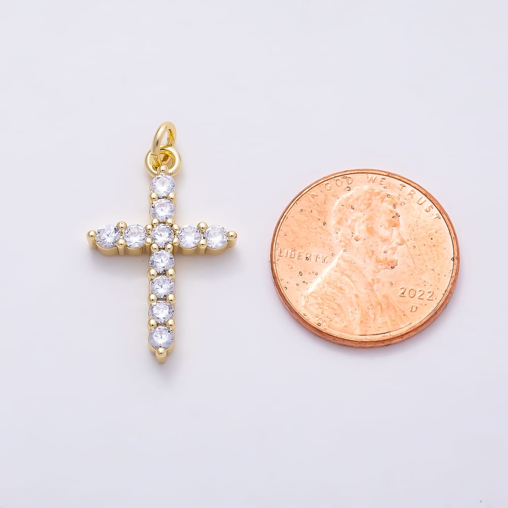 16K Gold Filled 23mm Clear Round CZ Religious Cross Charm in Gold & Silver | Charms-02278 Charms-02279
