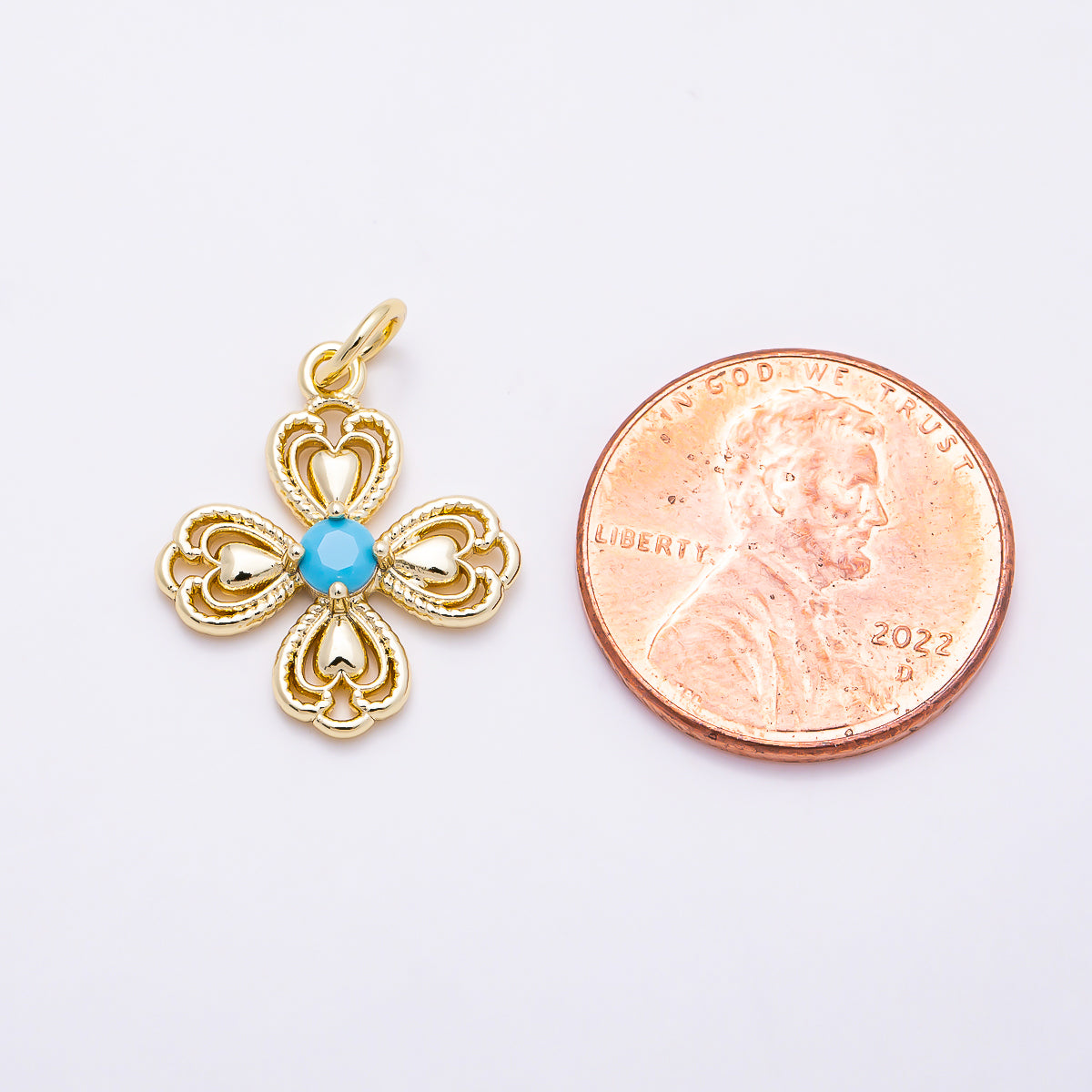 16K Gold Filled 18mm Turquoise CZ Vintage Filigree Four Leaf Lucky Clover Charm in Gold & Silver | Charms-01869 - Charms-01870