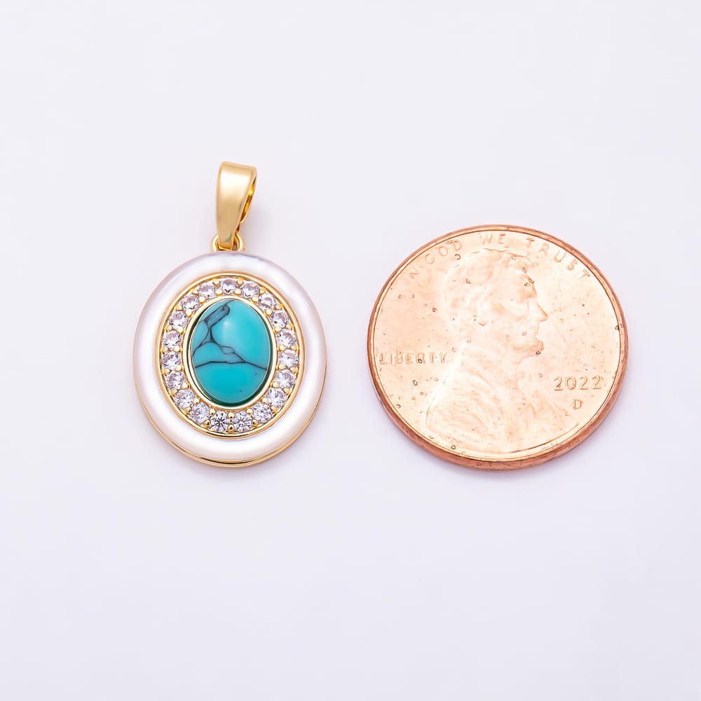 16K Gold Filled 18mm Turquoise Micro Paved CZ Shell Pearl Cabochon Oval Bezel Pendant | Charms-02325