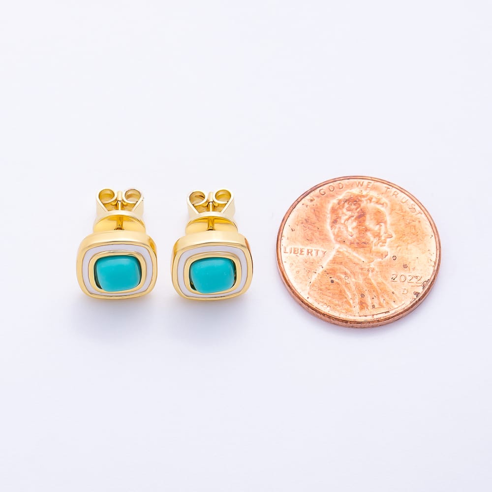 16K Gold Filled 14mm Turquoise Shell Pearl Square Bezel Stud Earrings in Gold & Silver | Earrings-01225 Earrings-01226