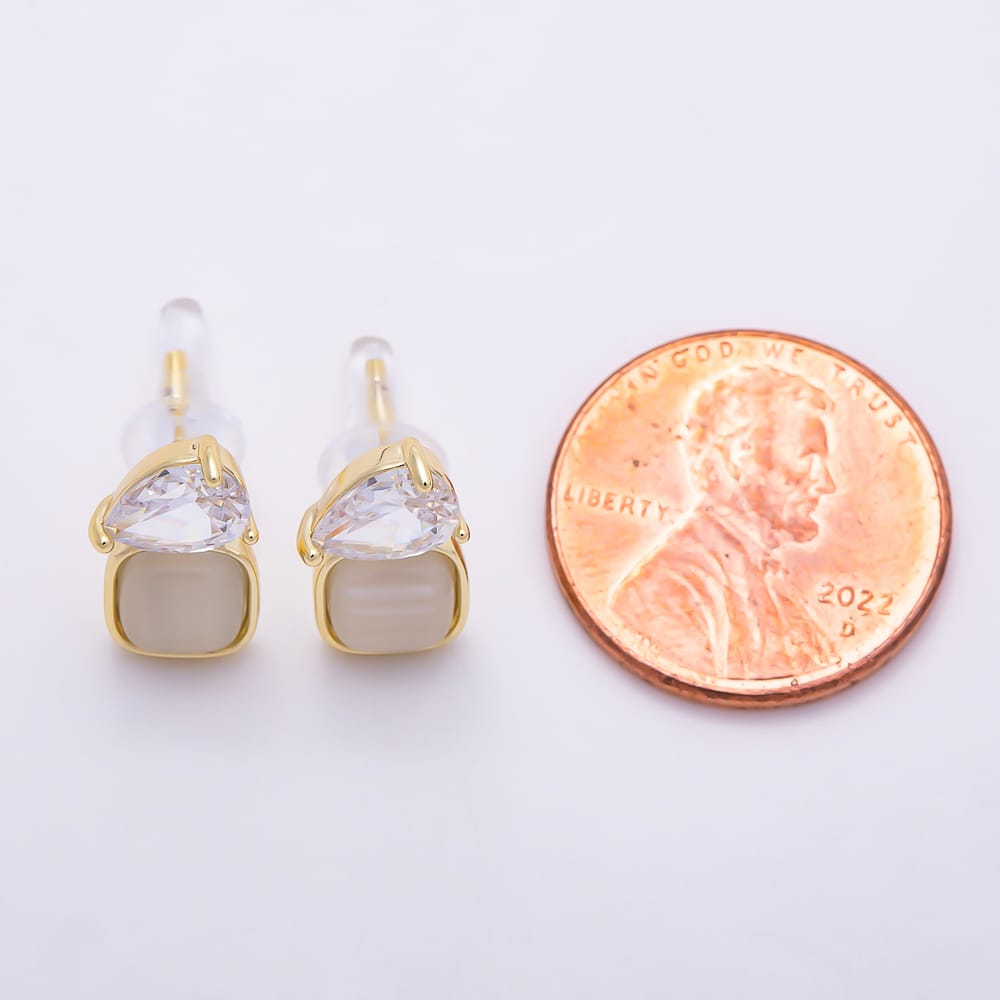 16K Gold Filled 14mm Teardrop Clear CZ & White Opal Square Stud Earrings | Earrings-00983 - Earrings-00984