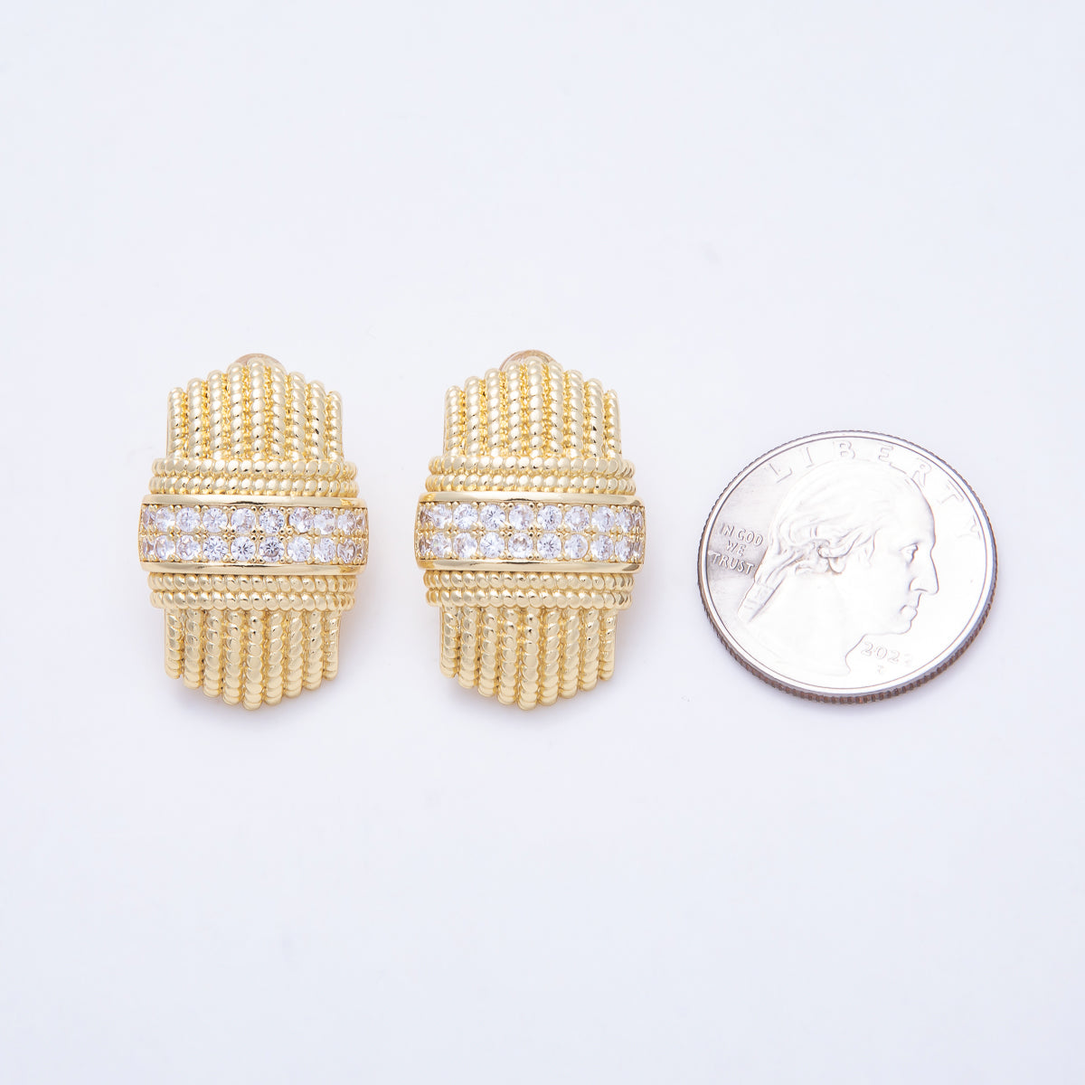 16K Gold Filled 28mm Ribbed Beaded Textured Statement Stud Earrings | Earrings-00825