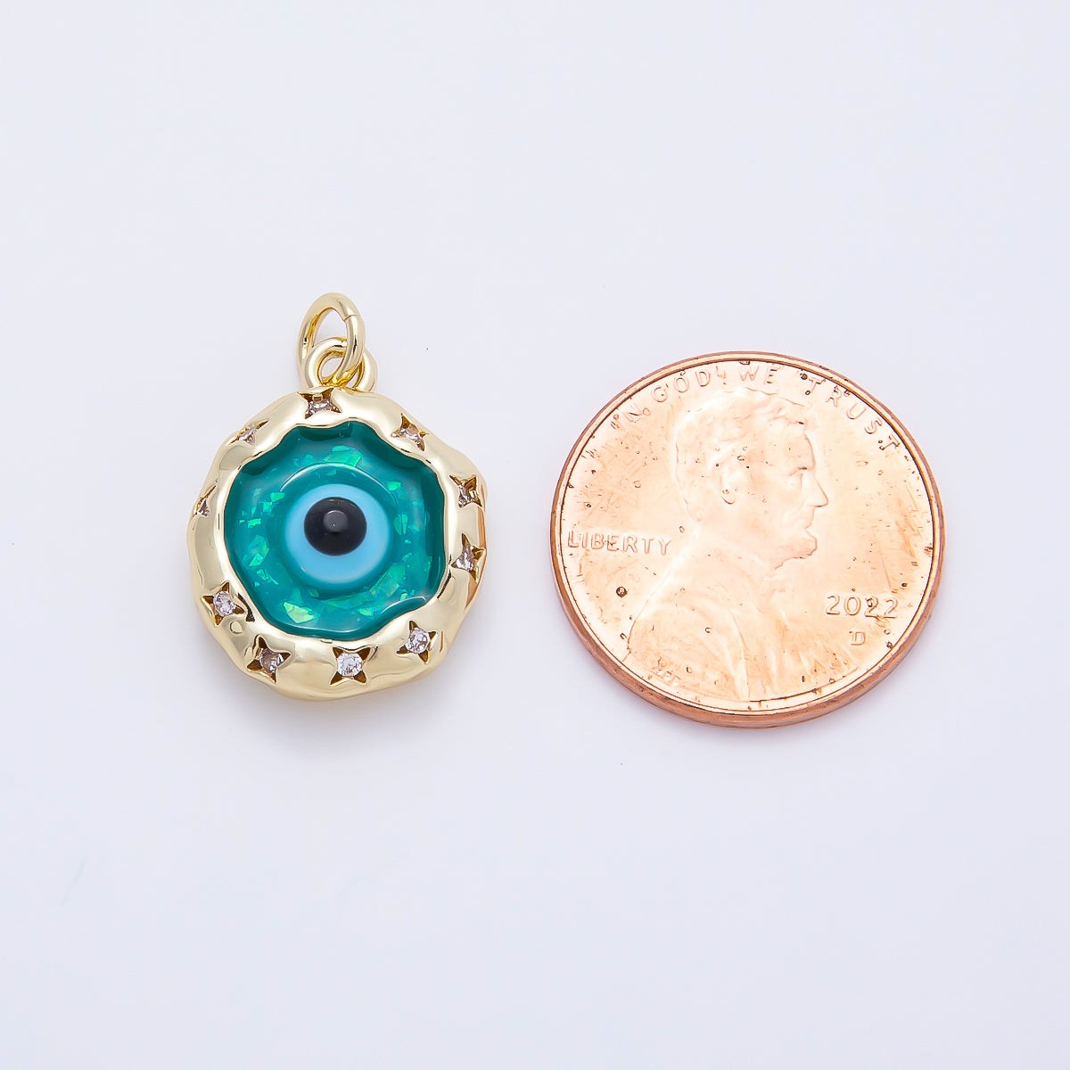 16K Gold Filled 18mm Teal Opal Clear CZ Star Dotted Molten Bezel Evil Eye Round Charm | Charms-01248