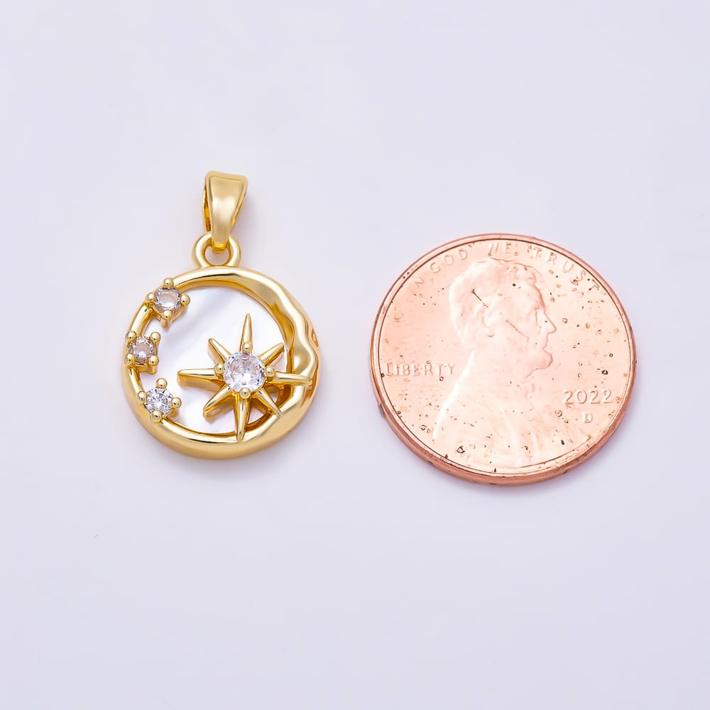 16K Gold Filled 17mm Clear CZ Celestial Compass Star Mother of Pearl Pendant | Charms-02217