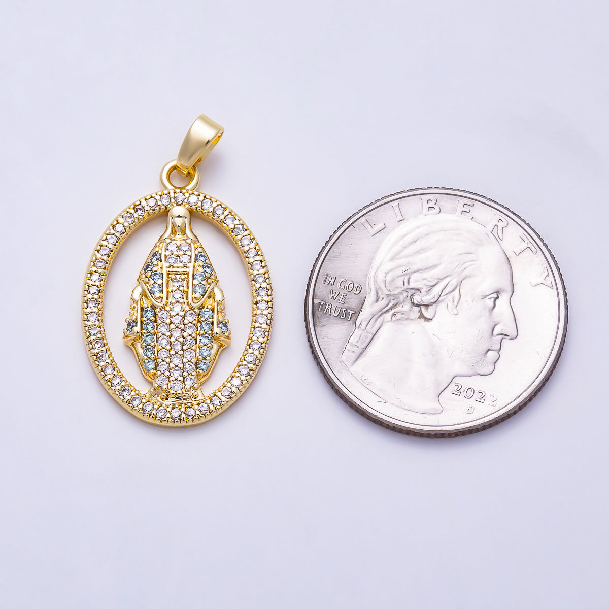 16K Gold Filled 26mm Light Blue and Clear Micro Paved CZ Virgin Mary Oval Medallion Pendant | Charms-01985