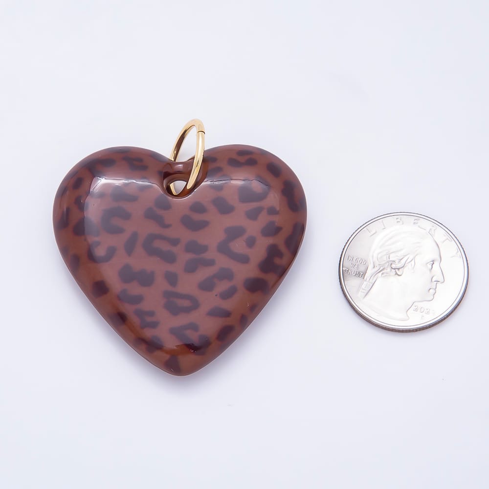AUNTUMN FALL 16K Gold Filled 48mm Cheetah Leopard Print Brown Enamel Resin Heart Charm | Charms-02361