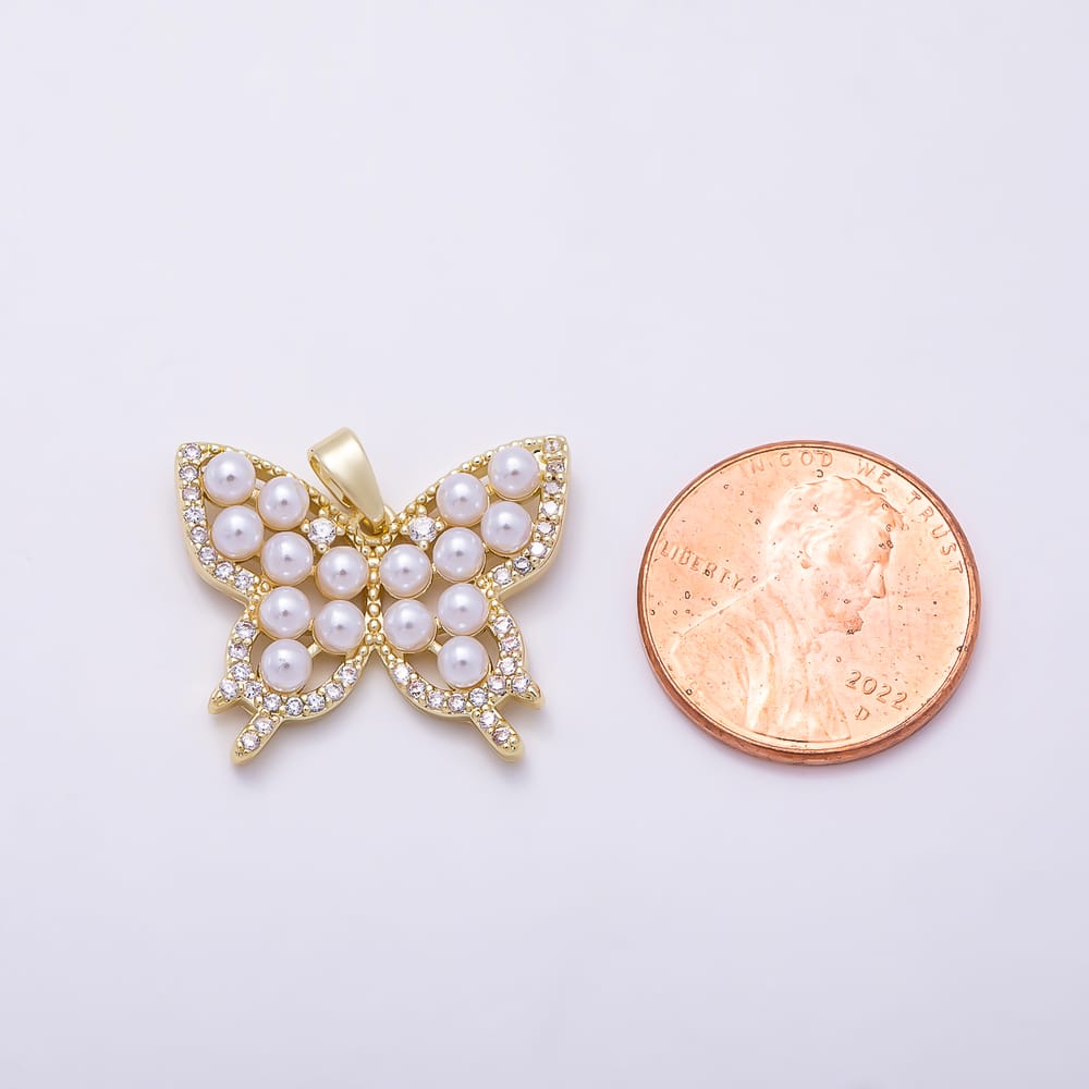 16K Gold Filled 20mm Shell Pearl Micro Paved CZ Butterfly Animal Pendant in Gold & Silver | Charms-02373 Charms-02374