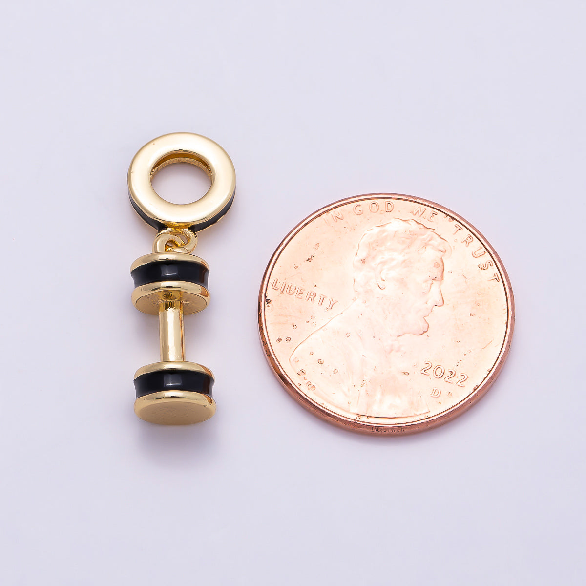 16K Gold Filled 14mm Black Enamel Dumbbell Fitness Drop Rondelle Pendant | Charms-00964