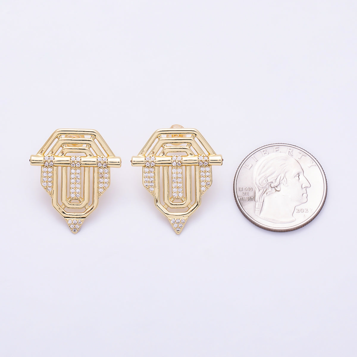 16K Gold Filled 27mm Clear Micro Paved CZ Art Deco Geometric Layered Drop Stud Earrings | Earrings-00851