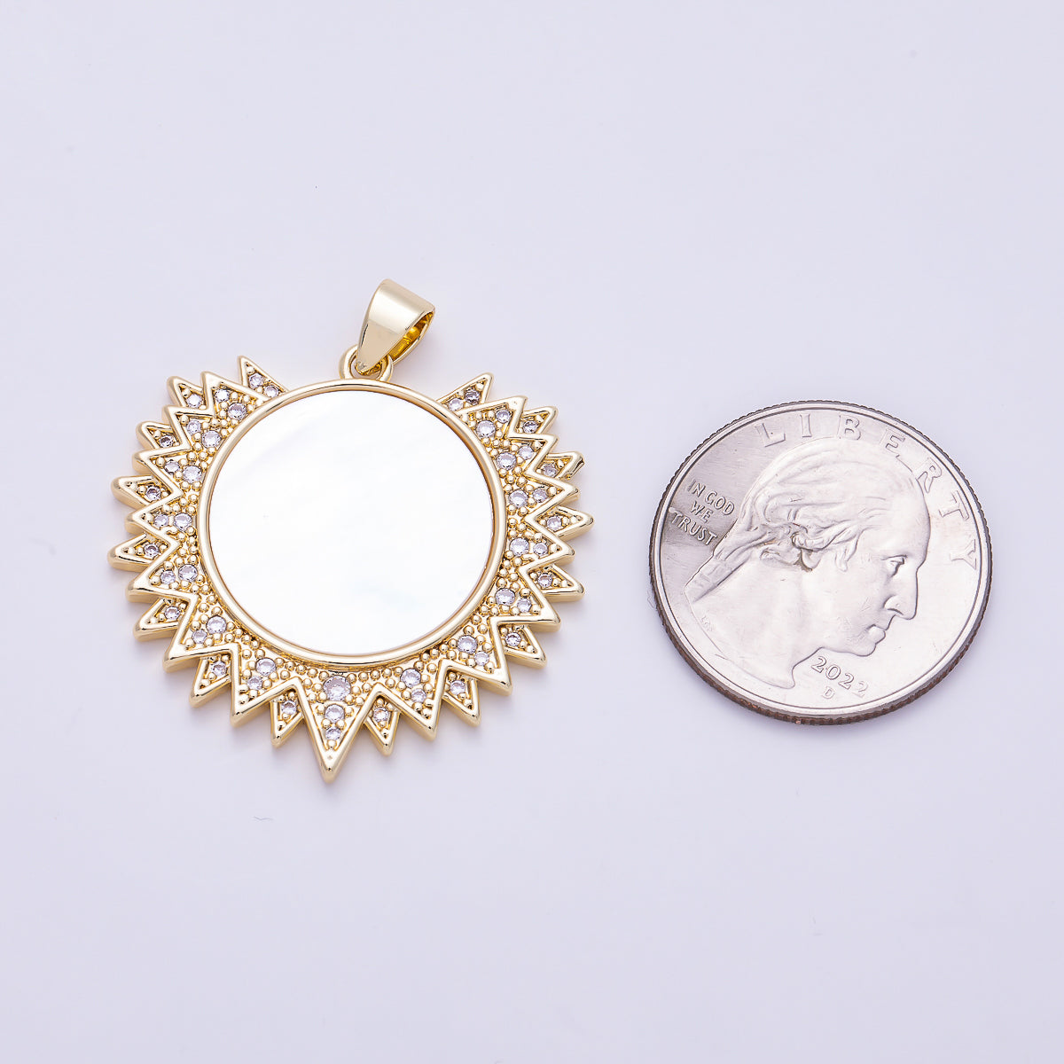 16K Gold Filled 33mm Shell Pearl Micro Paved Celestial Sun Pendant | Charms-01494
