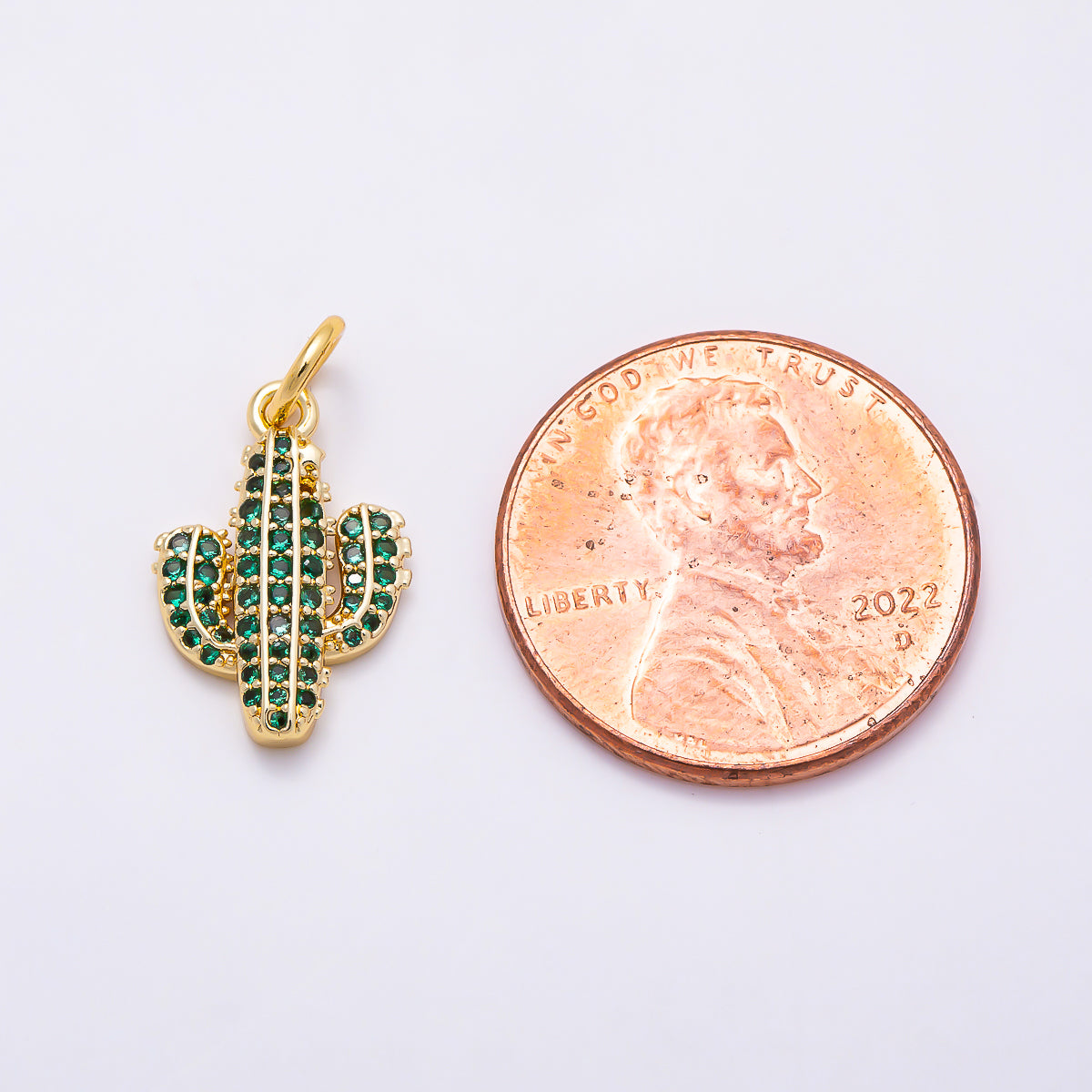 16K Gold Filled 15mm Green Micro Paved CZ 3D Cactus Plant Floral Charm | Charms-01883