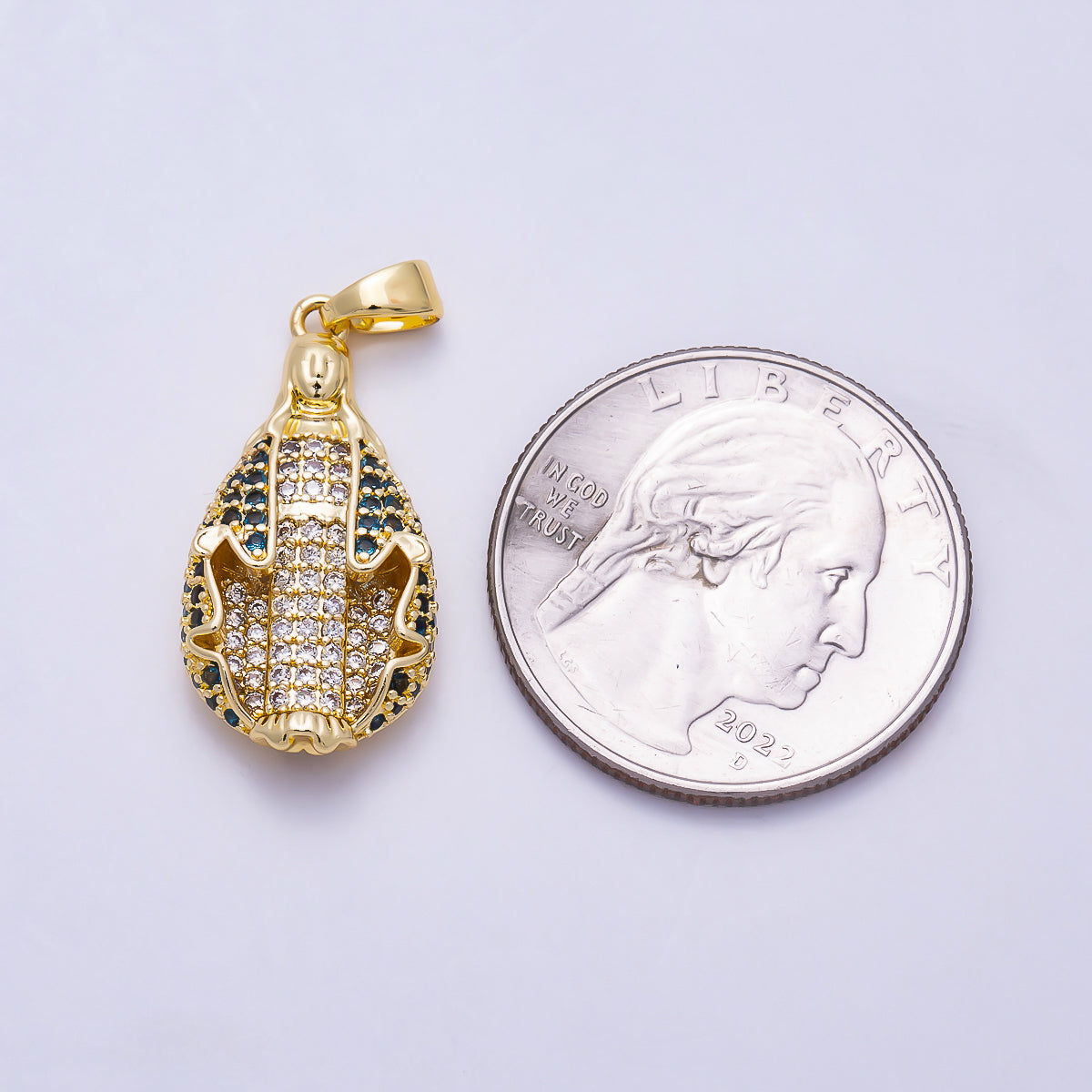 16K Gold Filled 25mm Blue and Clear Micro Paved CZ Virgin Mary Teardrop Religious Pendant | Charms-01988