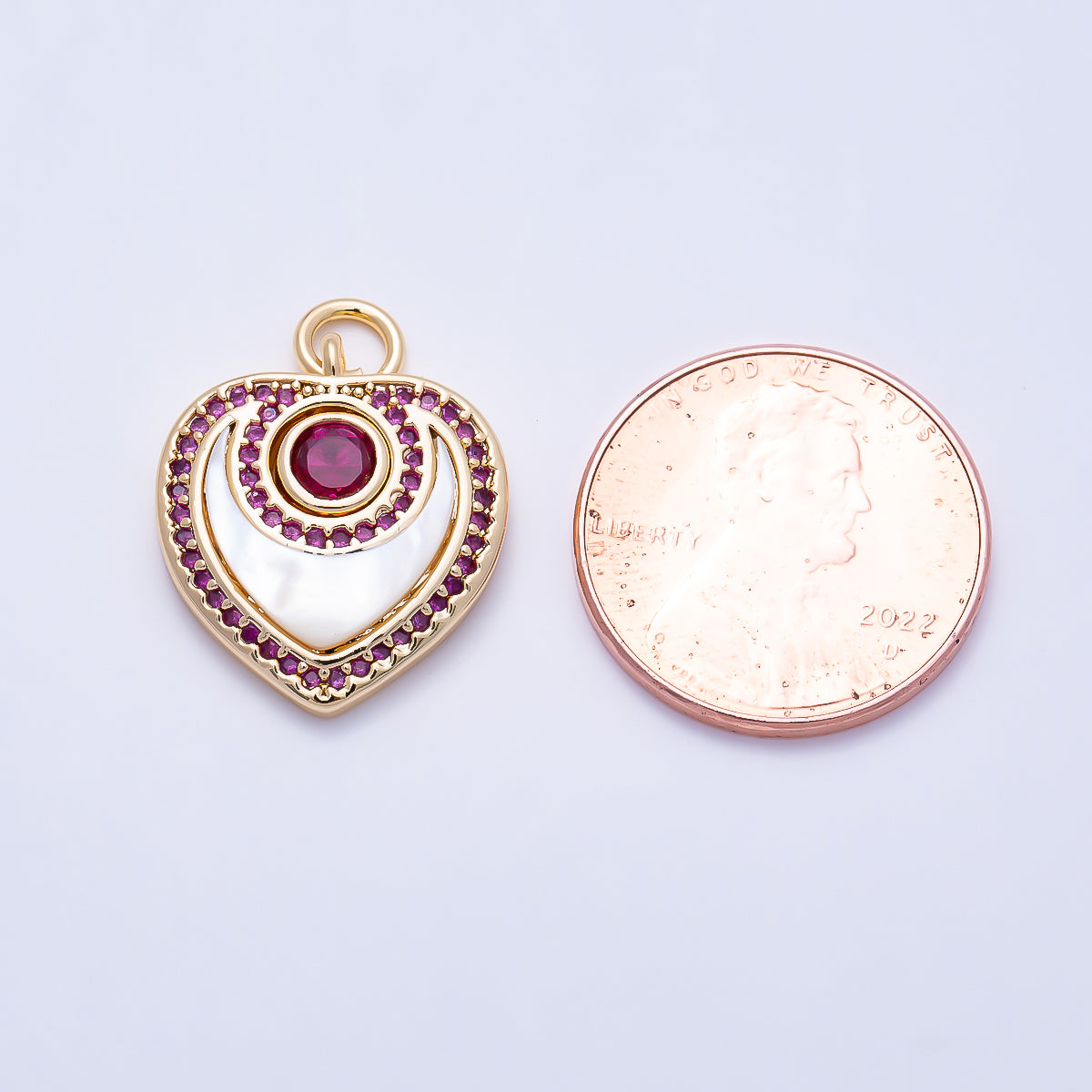 16K Gold Filled 18mm Fuchsia, Clear Micro Paved CZ Shell Pearl Heart Charm | Charms-01501 Charms-01502