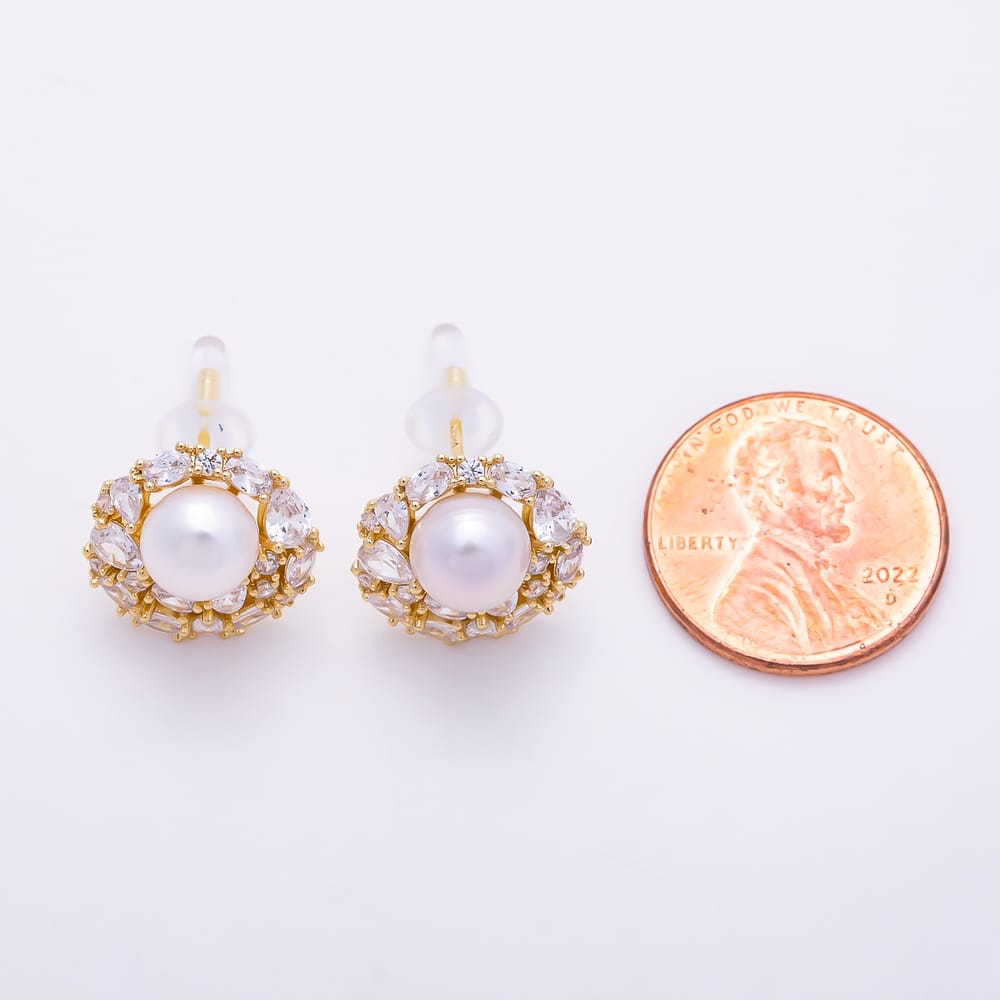 16K Gold Filled 19mm Round Shell Pearl CZ Floral Stud Earrings| Earrings-00979 - Earrings-00980