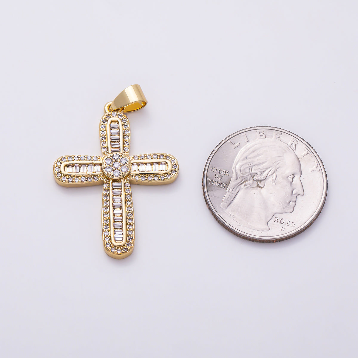 16K Gold Filled 33mm Baguette & Round Micro Paved CZ Cross Religious Pendant | Charms-01648