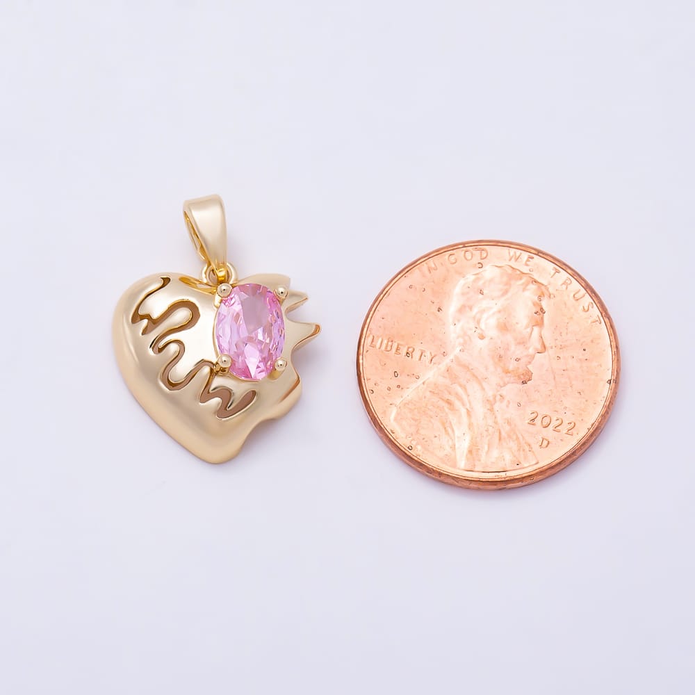 16K Gold Filled 15mm Pink Oval CZ Wave Molten Heart Pendant in Gold & Silver | Charms-02375 Charms-02376
