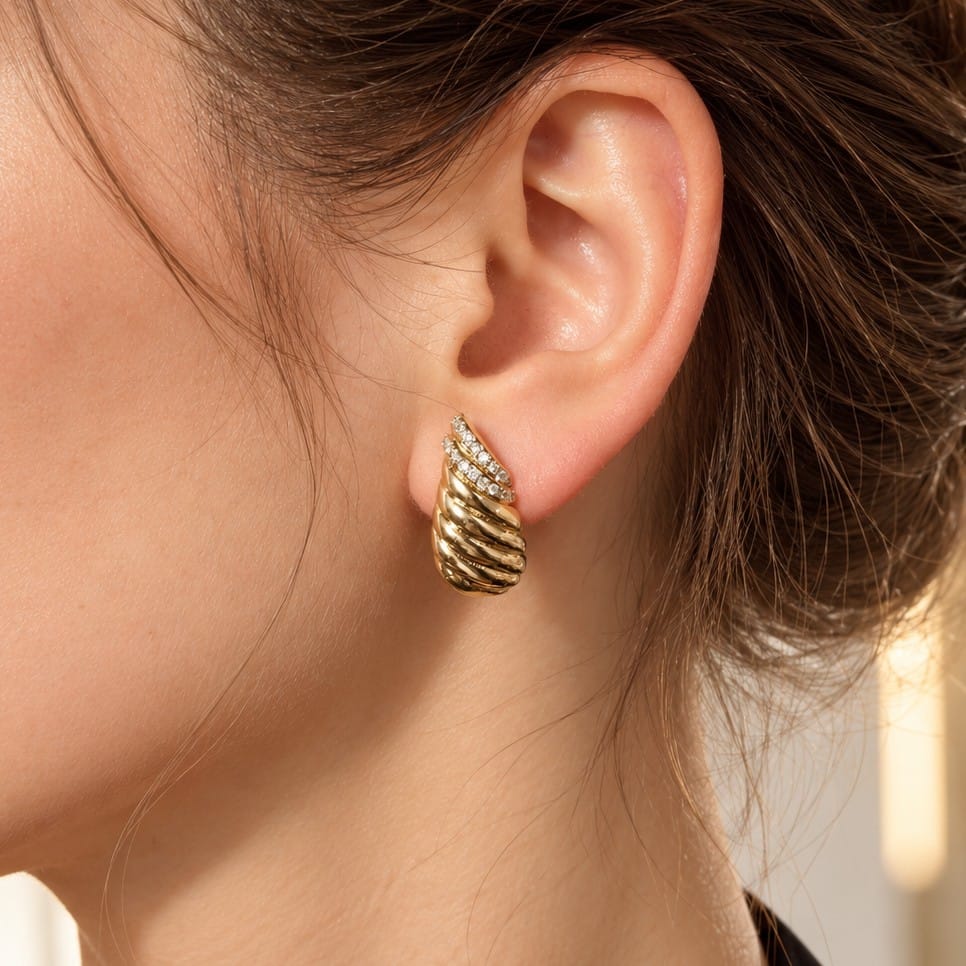 16K Gold Filled 40mm Micro Paved CZ Croissant Dome Teardrop Stud Earrings | Earrings-01244