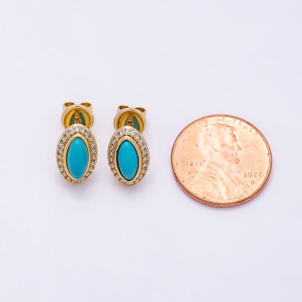 16K Gold Filled 12mm Blue Turquoise Micro Paved CZ Navette Marquise Bezel Stud Earrings | Earrings-01168