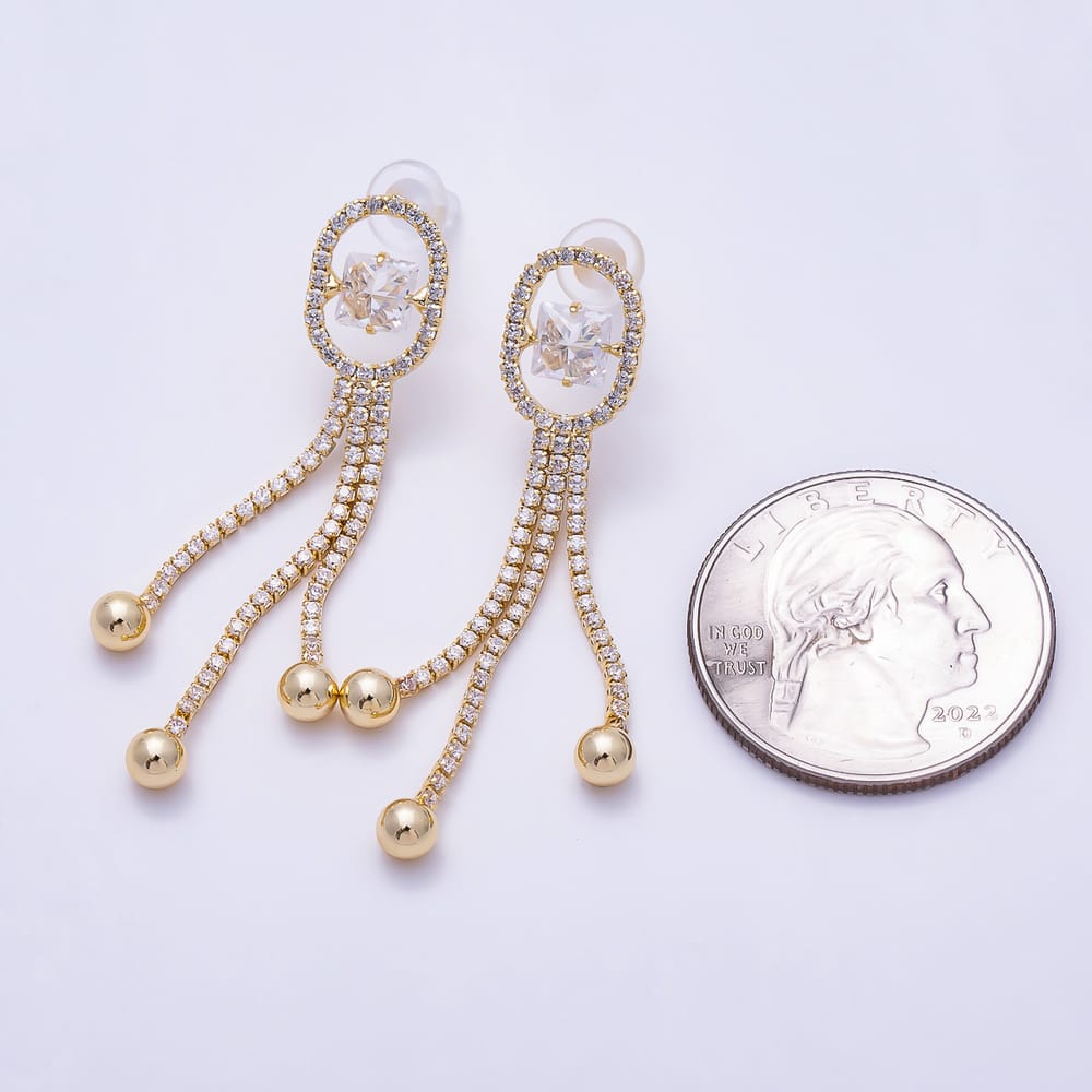 16K Gold Filled 46mm Oval Halo Princess CZ Triple Fringe Dangle Earrings | Earrings-01025 - Earrings-01026